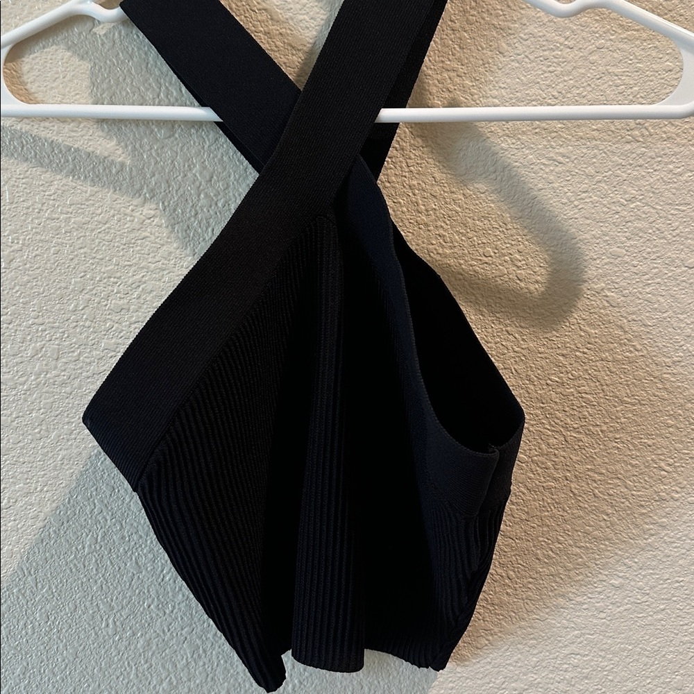 Babaton Black Textured Knit “cross-halter” crop top